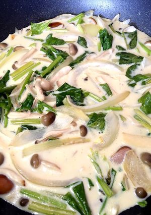 キノコとほうれん草の豆乳スープパスタ-レシピのメイン写真