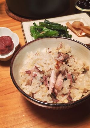 糠秋刀魚の炊き込みご飯、梅干し添え-レシピのメイン写真