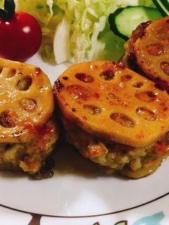 豆腐ハンバーグのれんこんはさみ焼き-レシピのメイン写真