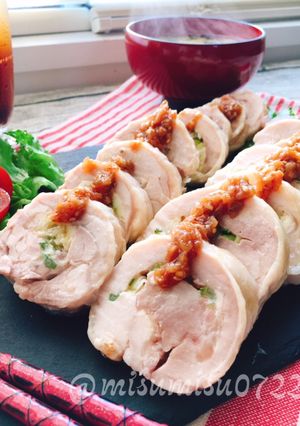 鶏もも蒸し鶏☆ネギチーズチキンロール-レシピのメイン写真