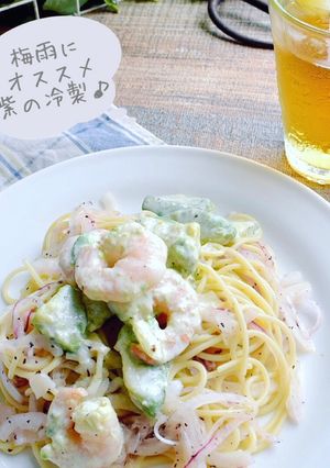 エビアボ+紫玉ねぎとゆかりの冷製パスタ-レシピのメイン写真