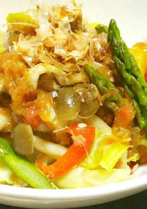 レンジで♪豚肉と野菜の梅だれ蒸しサラダ-レシピのメイン写真