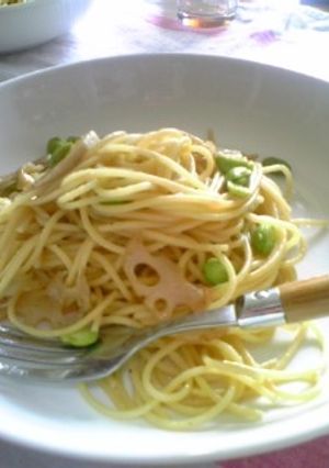 蓮根と枝豆のパスタ、バター醤油味-レシピのメイン写真