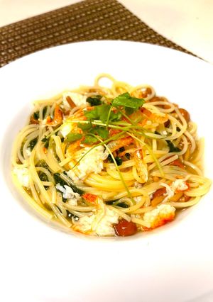 「カニカマと桜エビの白だし和風パスタ」-レシピのメイン写真