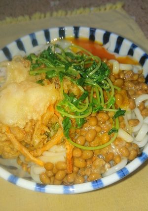 栄養満点！温玉納豆かき揚げ冷やしうどん-レシピのメイン写真