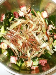 夏野菜の簡単サラダ♪茗荷ワカメ胡瓜タコ-レシピのメイン写真