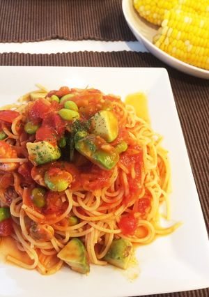 夏バテ予防に！冷製シーフードトマトパスタ-レシピのメイン写真