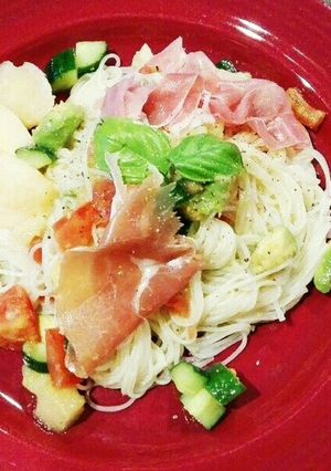 桃の冷製パスタ素麺-レシピのメイン写真