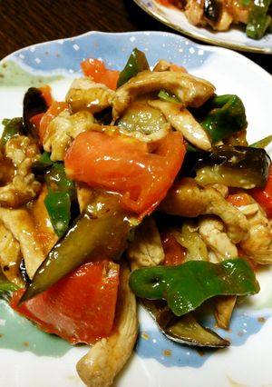 鶏胸ピーマン茄子トマトのアジアン炒め-レシピのメイン写真