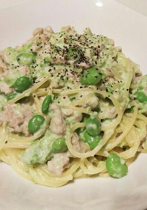 鶏ひき肉と枝豆のクリームパスタ-レシピのメイン写真