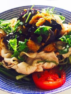 夏♪♪豚しゃぶと香味揚げなすの冷やし中華-レシピのメイン写真