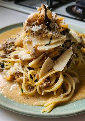エリンギとキムチの韓国風豆乳クリームパスタ-レシピのメイン写真