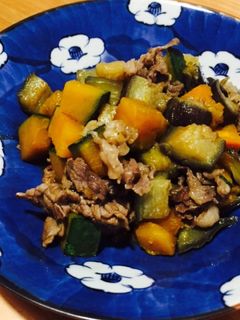 かぼちゃとなすと牛肉の甘辛煮-レシピのメイン写真