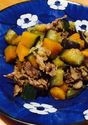 かぼちゃとなすと牛肉の甘辛煮-レシピのメイン写真