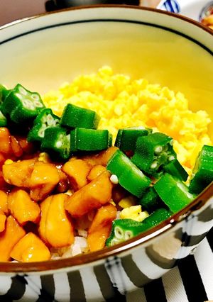 鶏肉と玉子とオクラで三色丼-レシピのメイン写真