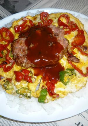 赤ピーマン＋ハンバーグ＋卵焼きのカフェ丼-レシピのメイン写真
