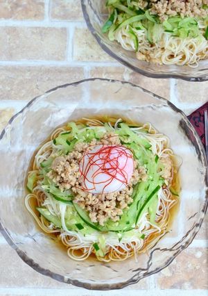 鶏肉味噌と温玉のぶっかけ素麺-レシピのメイン写真