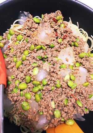 ひき肉とむき枝豆のパスタ(冷でも温でも)-レシピのメイン写真