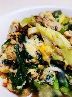 鯖水煮缶詰めでニラとネギの卵炒め!-レシピのメイン写真