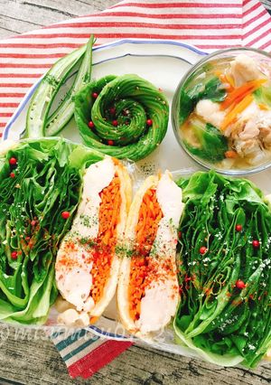 鶏胸オイル煮とレタスたっぷり油揚げサンド-レシピのメイン写真