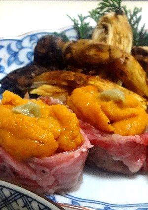 牛しゃぶの片面焼き生ウニ軍艦-レシピのメイン写真