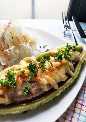 ゴーヤの豚ミンチ乗せ焼き。トースターで。-レシピのメイン写真