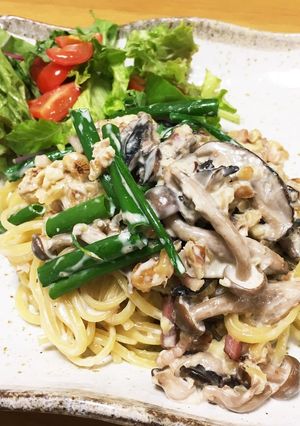 残りチーズとクルミのキノコクリームパスタ-レシピのメイン写真