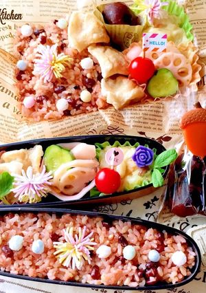 もち麦入りあずきご飯 揚げ餃子 秋弁当-レシピのメイン写真