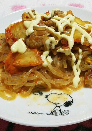 白滝の豚キムチのクリ~ムマヨパスタ風。-レシピのメイン写真