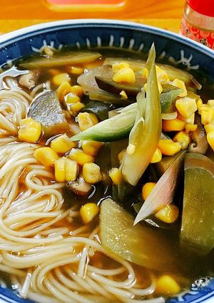 ☆彡ナス ミョウガ トウモロコシの煮麺-レシピのメイン写真