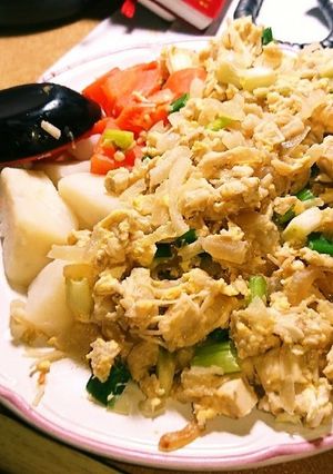 玉ねぎのこ鶏肉卵を炒めた料理-レシピのメイン写真