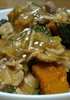 かぼちゃの煮物☆豚肉玉ねぎエノキあんかけ-レシピのメイン写真
