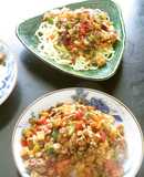 野菜がメインの四川風豚肉麻婆そぼろ丼＆麺