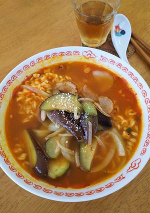 なすと玉葱炒めのせ辛ラーメン-レシピのメイン写真