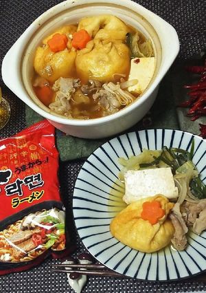 中身にワクワク♪巾着辛ラーメン鍋♪-レシピのメイン写真