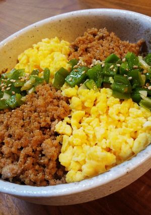 ピーマンで！我が家のそぼろ３色丼-レシピのメイン写真