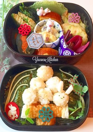 月見団子うさちゃん和弁当 鮭昆布巻き-レシピのメイン写真