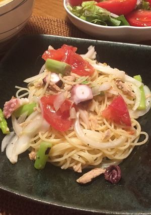 タコトマトアスパラ玉ねぎツナの冷製パスタ-レシピのメイン写真