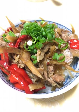 簡単！赤い万願寺とうがらしとゴボウの丼物-レシピのメイン写真