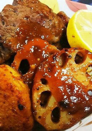 焼き肉と蓮根を柚子味噌で❗ゆりさん風-レシピのメイン写真