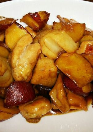 鶏もも肉とさつま芋と蓮根の黒酢風炒め-レシピのメイン写真