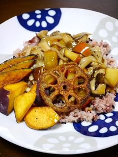 簡単!きのこの餡かけご飯。素揚げ野菜添え-レシピのメイン写真