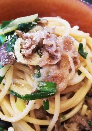 牛丼の具アレンジで時短&簡単和風パスタ！-レシピのメイン写真