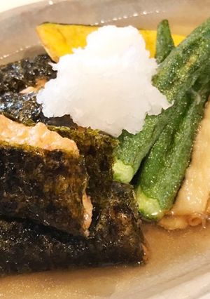 つくね豆腐の磯辺揚げ出し 素揚げ野菜添え-レシピのメイン写真