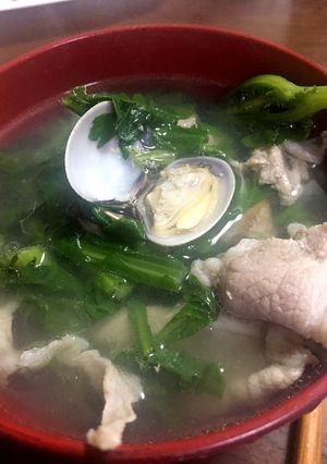 春菊とあさりと豚肉のにんにく入りスープ☆-レシピのメイン写真