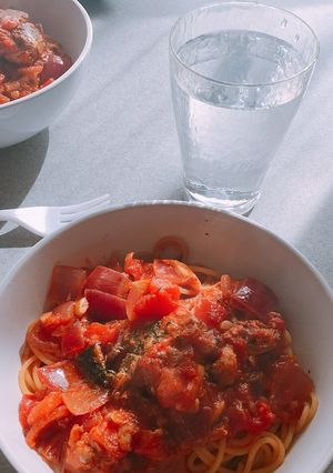 鯖缶とトマト缶のパスタ-レシピのメイン写真