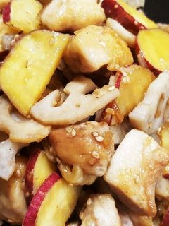 れんこんさつまいも鶏肉の甘辛炒め-レシピのメイン写真