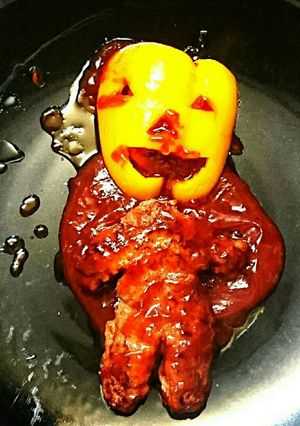 ハロウィン風パプリカの肉詰めハンバーグ-レシピのメイン写真