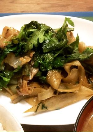 ピーラーごぼうと豚肉の甘辛春菊のせ-レシピのメイン写真