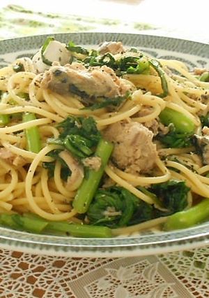 春菊と鯖水煮缶の生姜風味パスタ-レシピのメイン写真